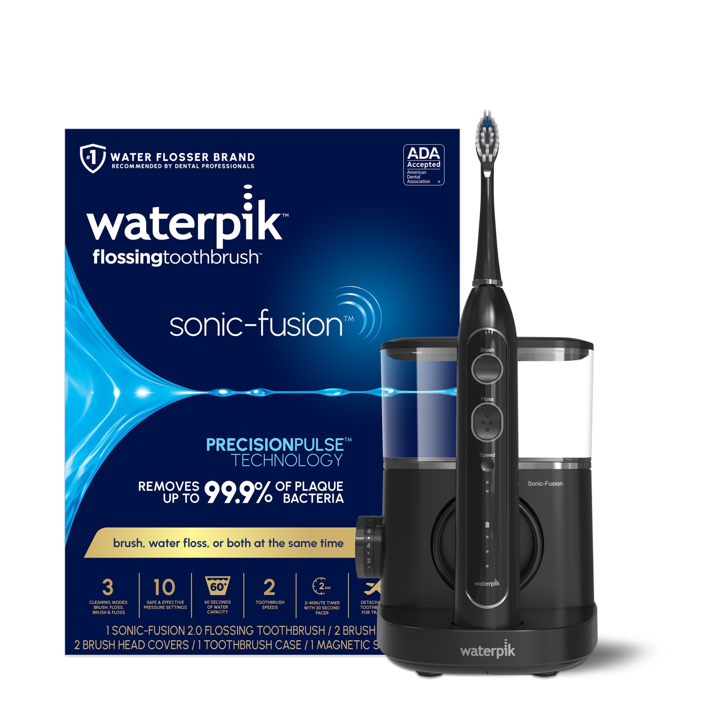 Waterpik Black Sonic-Fusion 2.0 Flossing Toothbrush SF-04 with Packaging