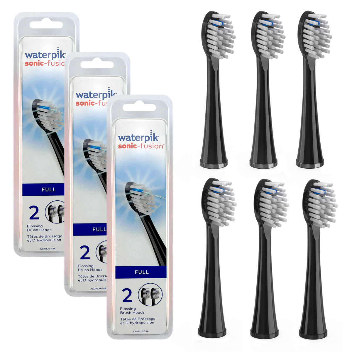 6 pack of black full-size brush heads for the Sonic-Fusion 2.0 flossing toothbrush.