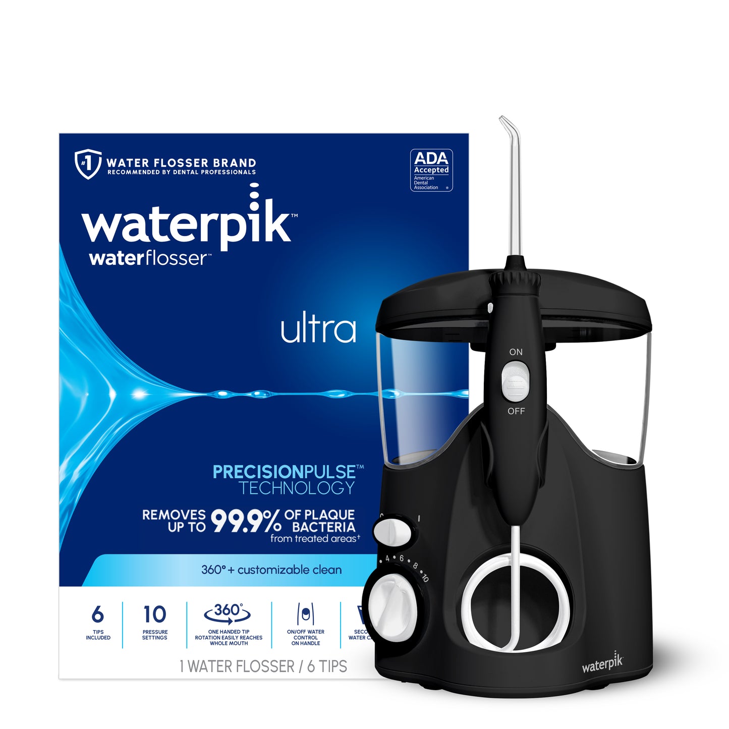 Black Ultra countertop water flosser with retail packaging.