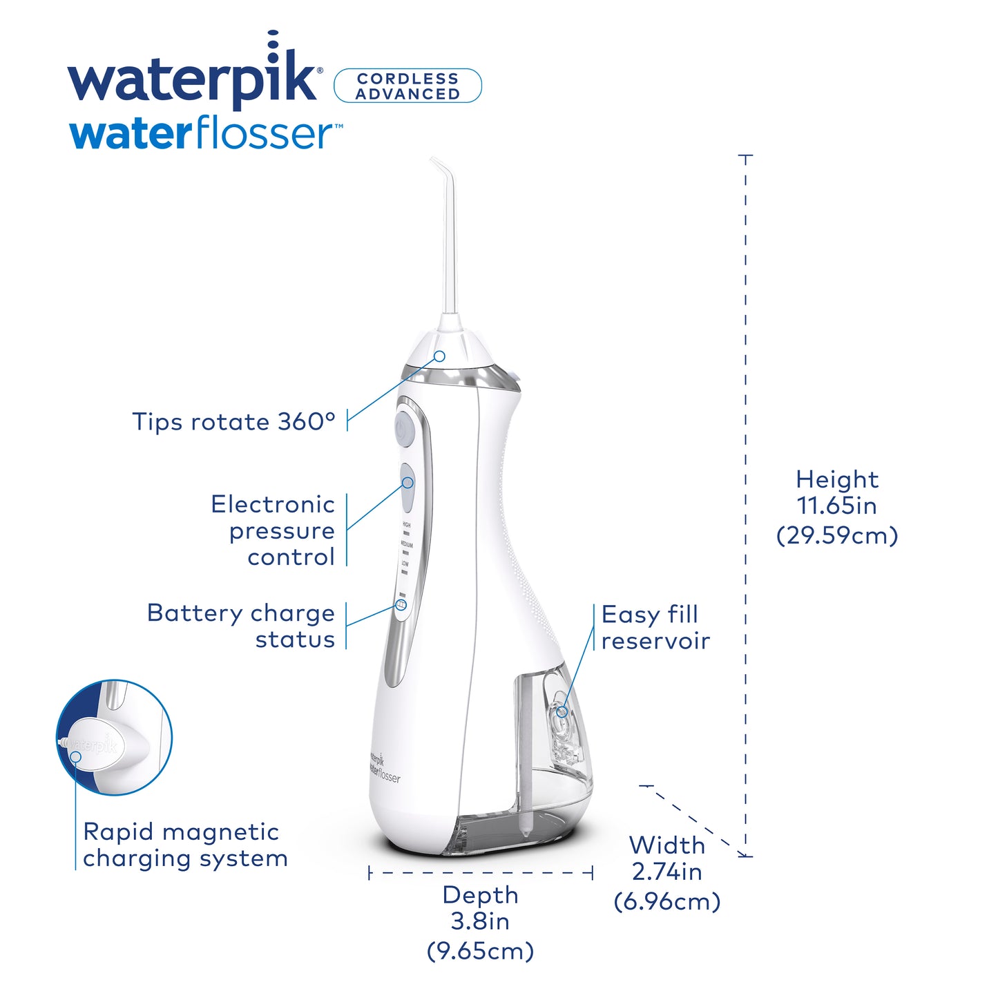 Features & Dimensions - Waterpik Cordless Advanced 2.0 Water Flosser WP-580