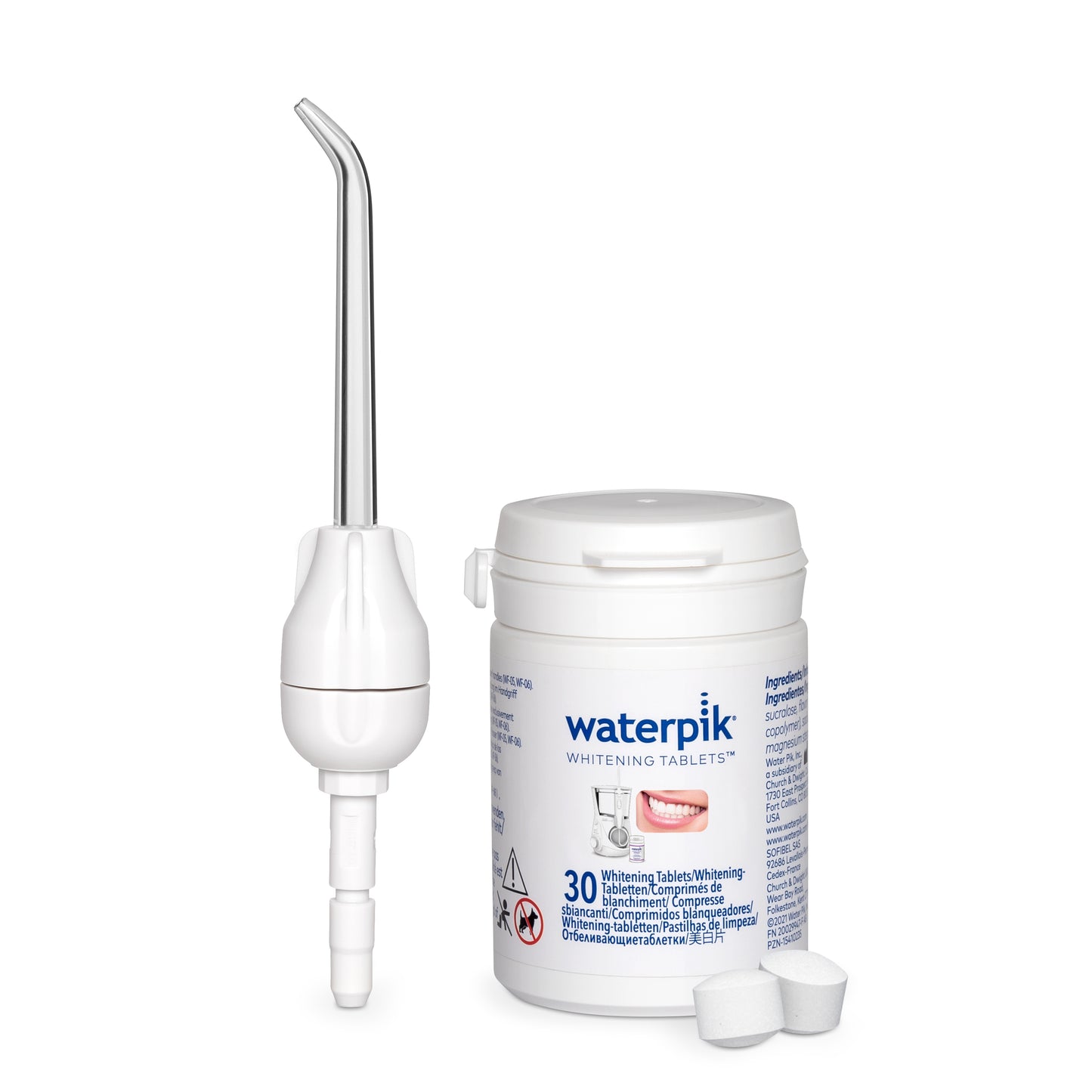 Waterpik Boost Tip and Bottle of Whitening Tablets