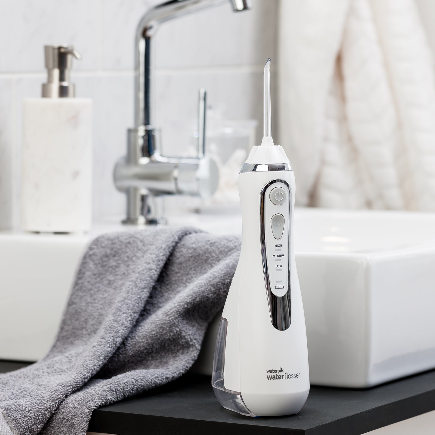 White Cordless Advanced 2.0 Water Flosser WP-580 in Bathroom