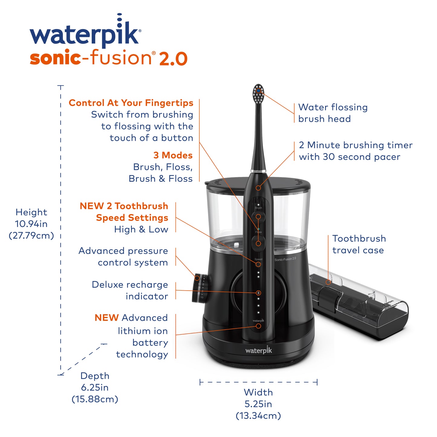 Features & Dimensions - Waterpik™ Sonic-Fusion™ 2.0 SF-03 Black
