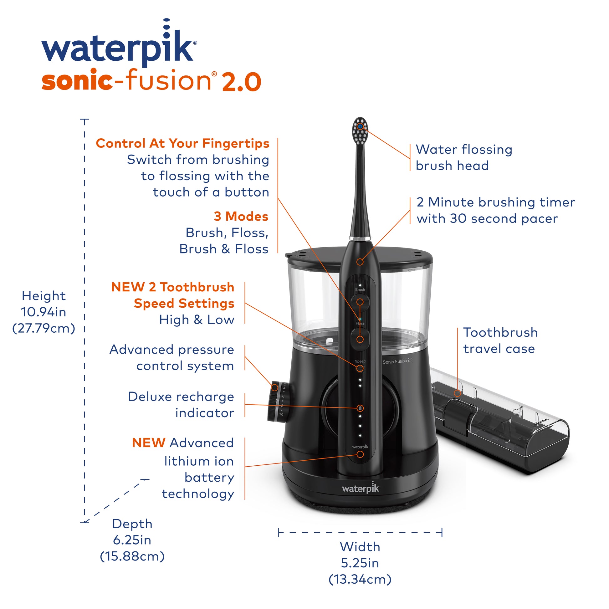 Features & Dimensions - Waterpik™ Sonic-Fusion™ 2.0 SF-03 Black