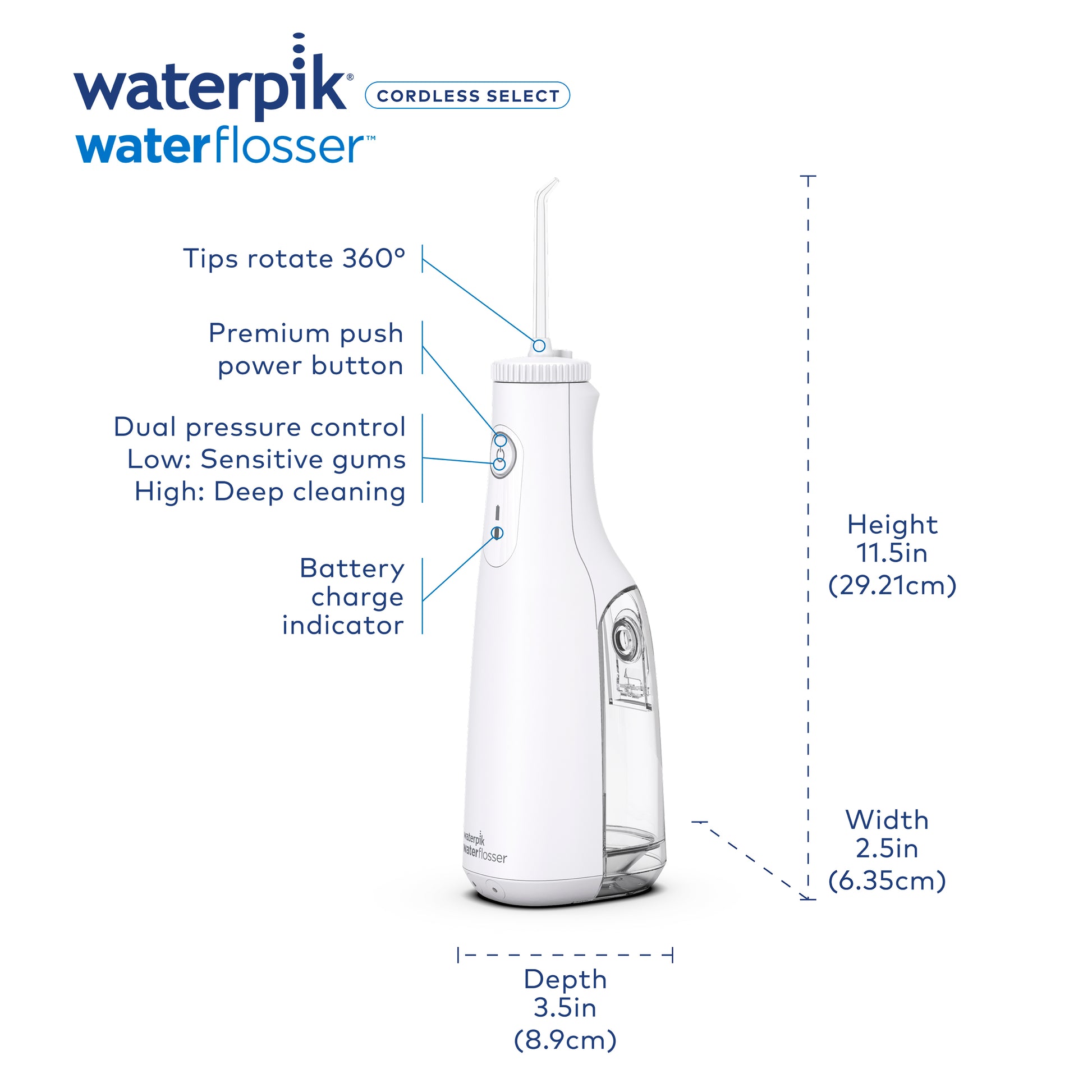 Features & Dimensions - Waterpik Cordless Select Water Flosser WF-10 White