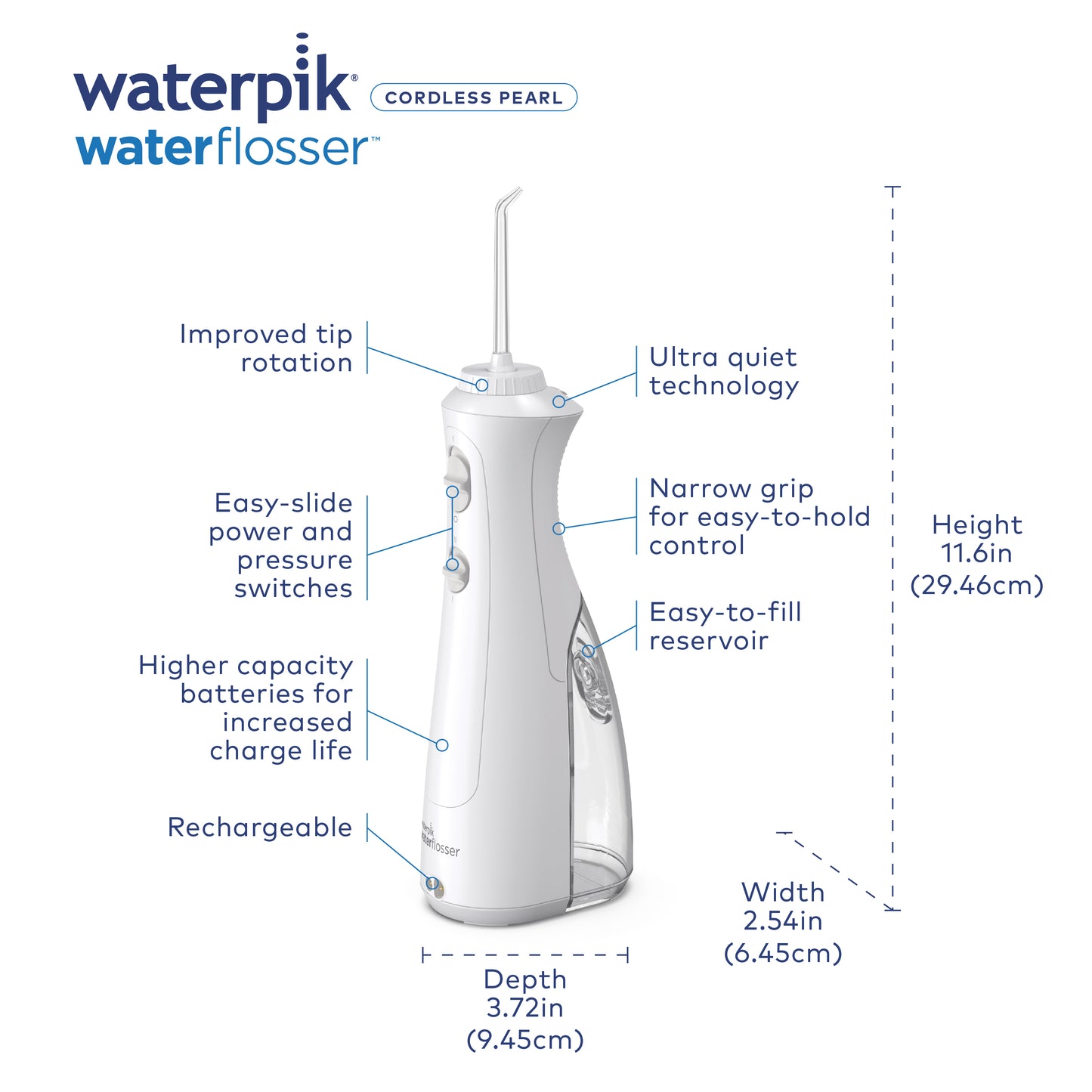 Features & Dimensions - Waterpik Cordless Pearl Water Flosser WF-13 White
