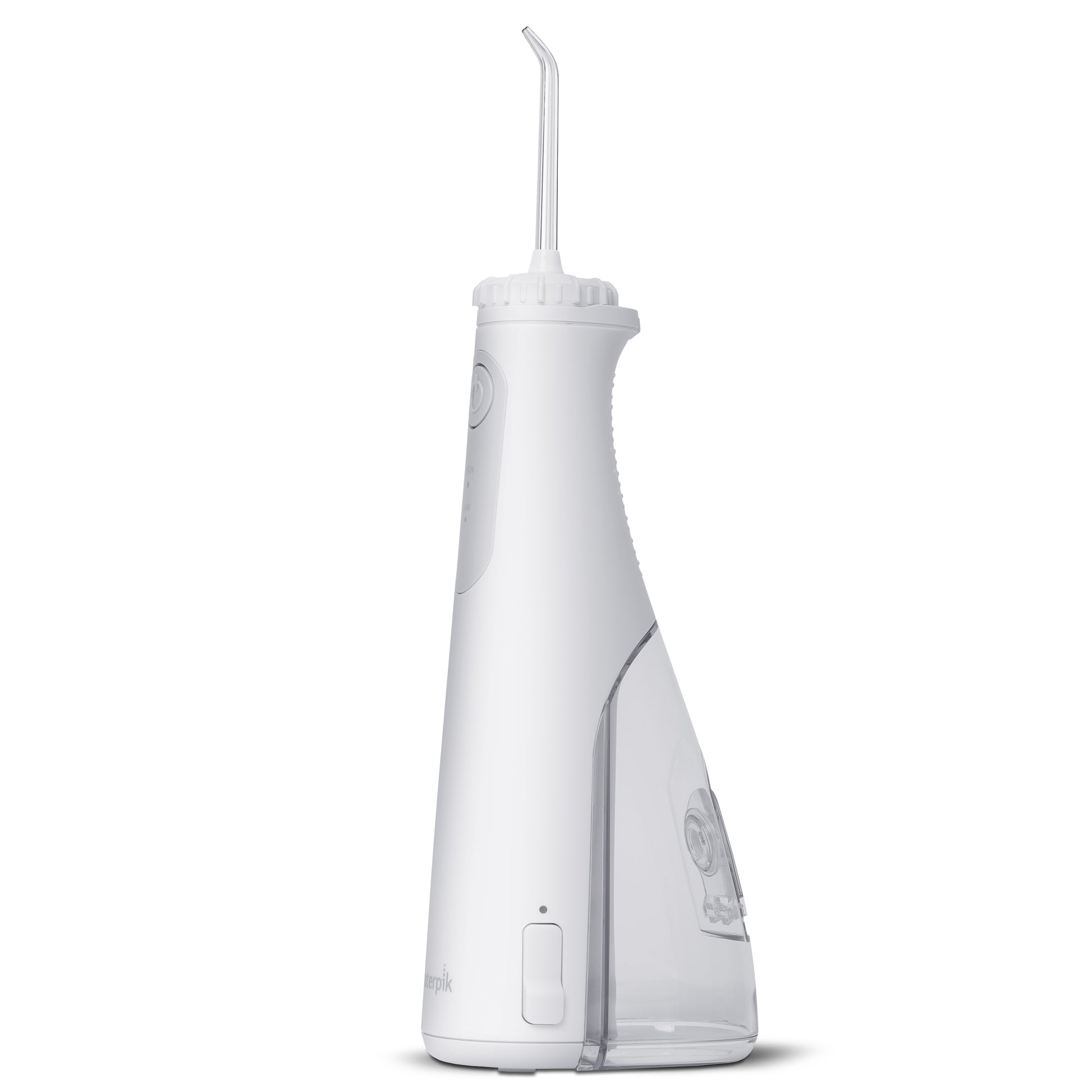 Sideview- WF-27 White Cordless Gem 5100 Water Flosser, Handle, & Tip