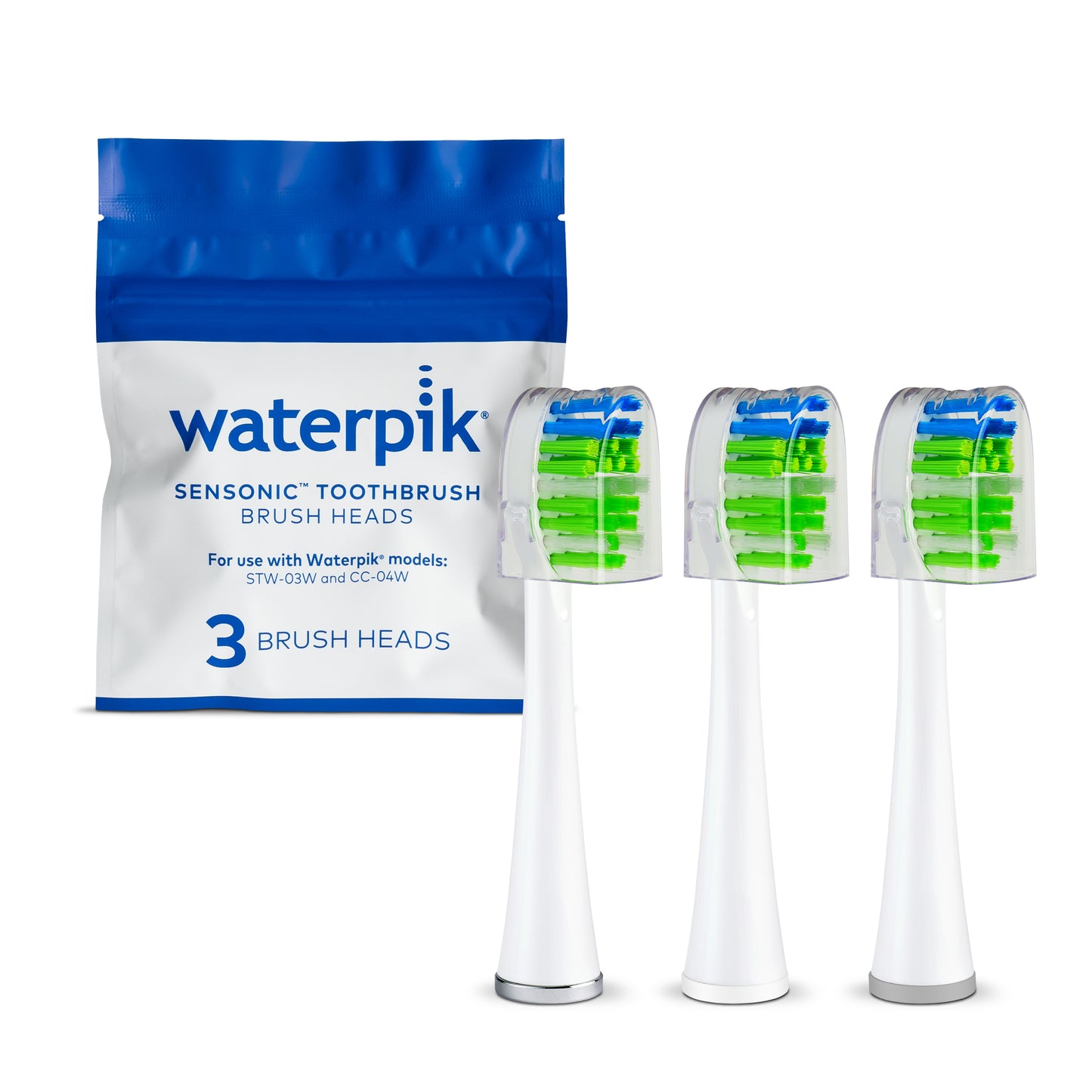 Waterpik Sensonic Contour Replacement Brush Heads With Covers and Easy Open Packaging, STWB-3WW-B