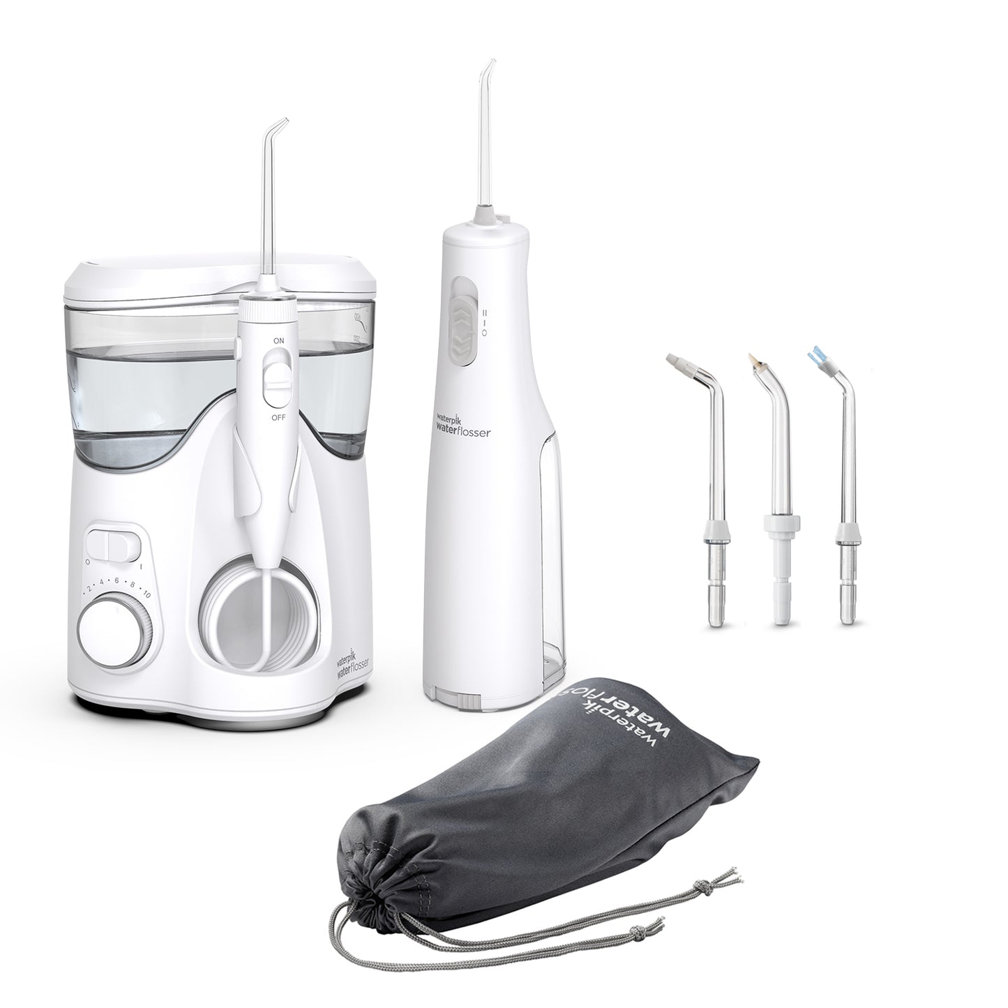 White Ultra Plus countertop water flosser with Precision tip beside the White Cordless Express water flosser with Precision Handheld Cordless tip behind a black travel bag; beside 3 differently shaped flossing tips.