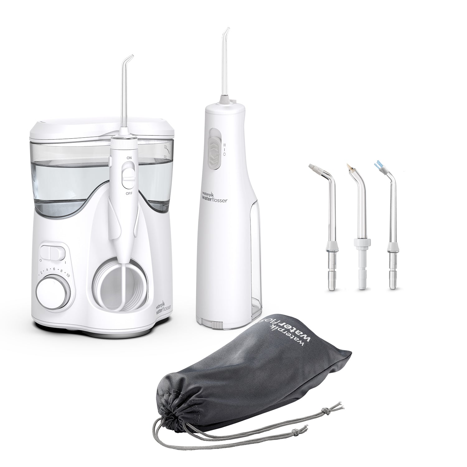 White Ultra Plus countertop water flosser with Precision tip beside the White Cordless Express water flosser with Precision Handheld Cordless tip behind a black travel bag; beside 3 differently shaped flossing tips.