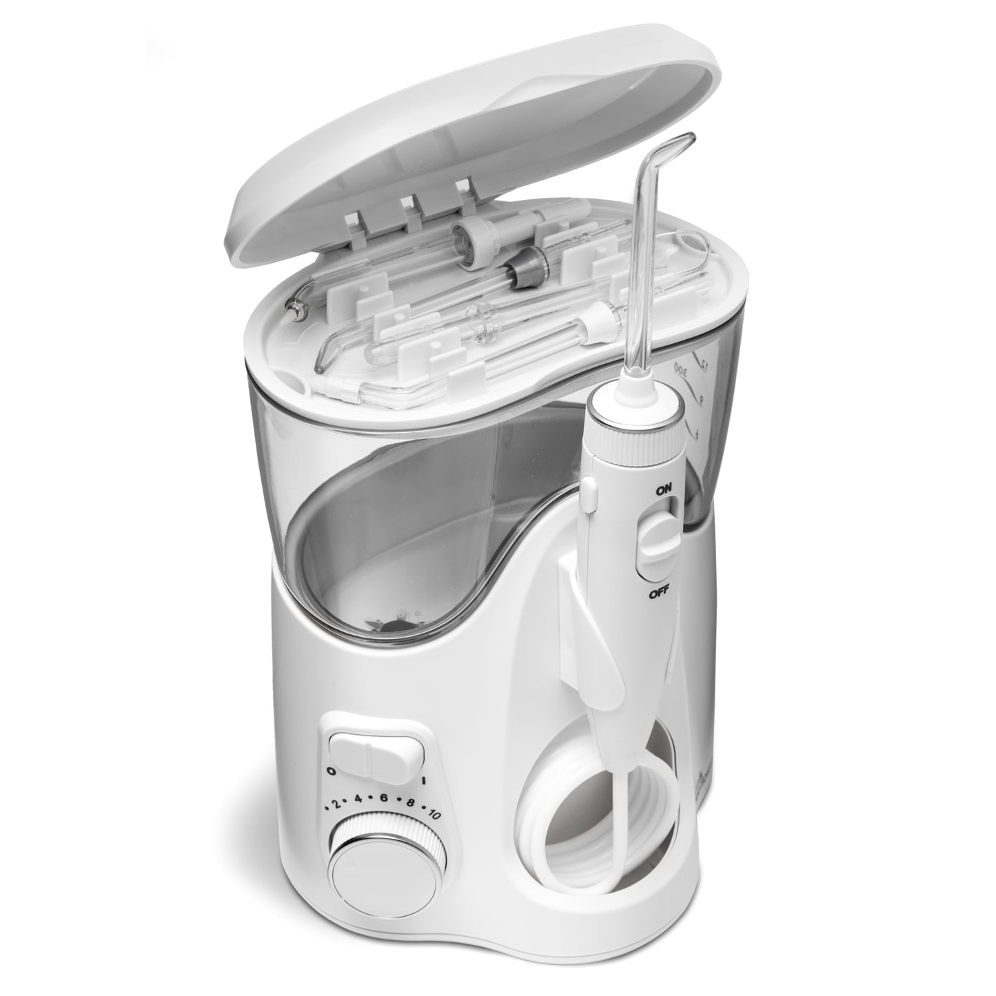 Flossing tip storage compartment of the white Ultra Plus countertop water flosser, located under reservoir lid.